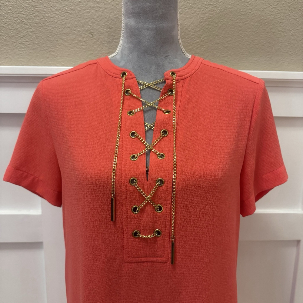 Michael Kors Women's Size:S Mini Dress Short Sleeve Gold Chain Detail Orange Red - Picture 2 of 12
